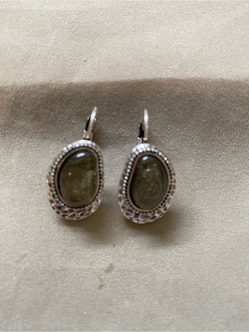 Silver-Tone Olive Green Cabochon Drop Earrings